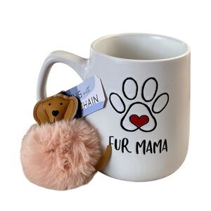 Fur Mama Ceramic Mug With Pom Pom Key Chain Pet Lover Gift Set Paw Print Heart